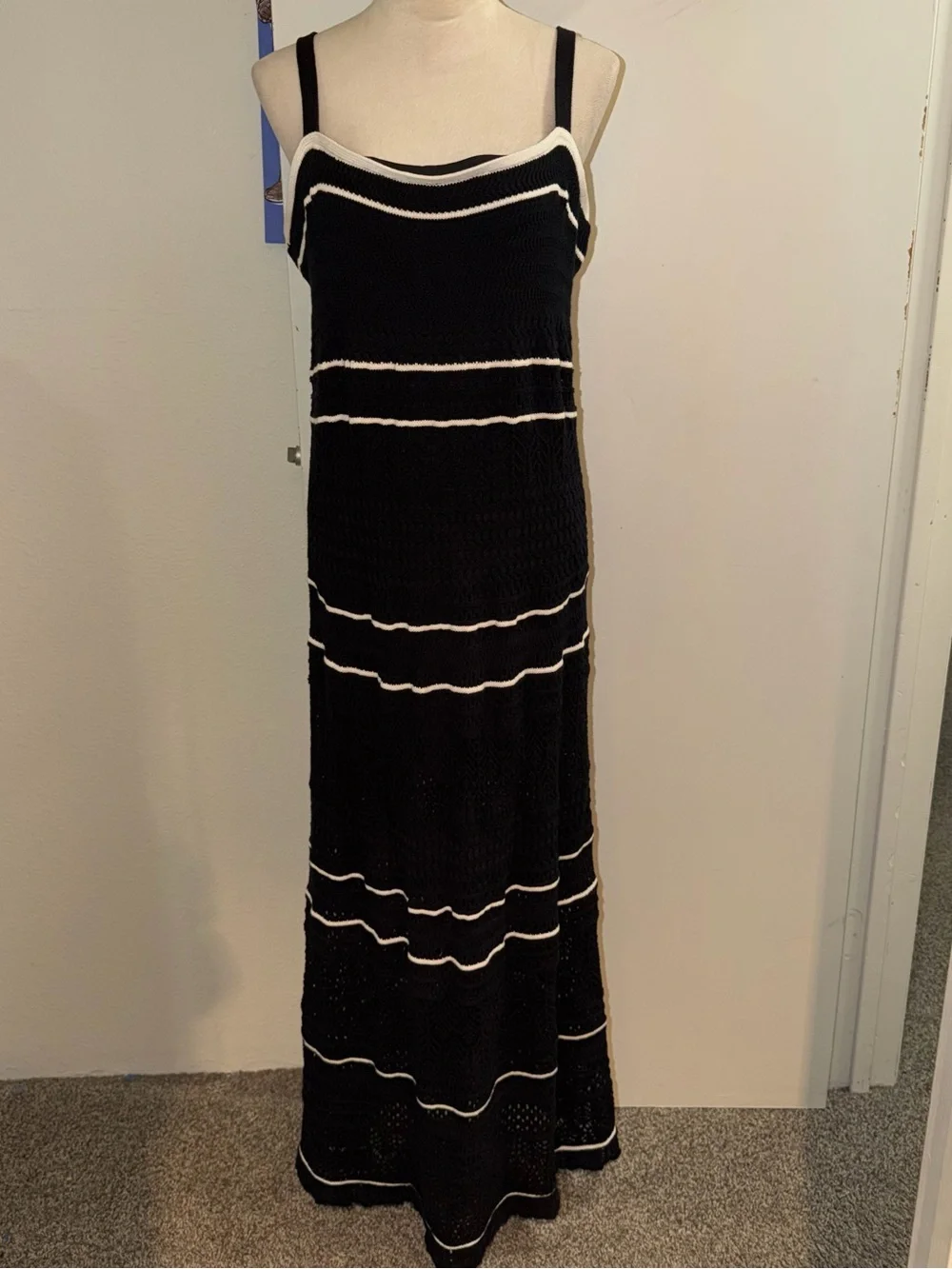 Abercrombie and Fitch Black Crochet Maxi Dress White Trim XL NWT